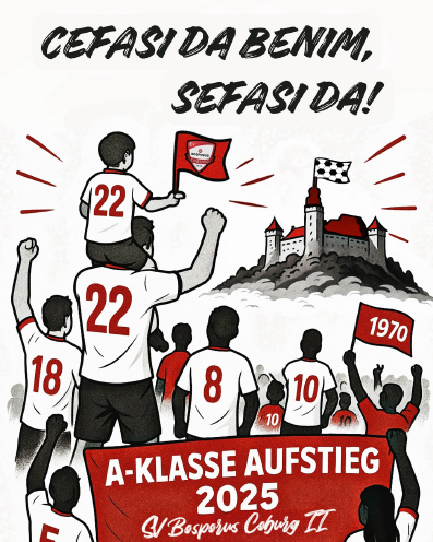 Fußballspieler feiern den Aufstieg des SV Bosporus Coburg II in die A-Klasse 2025 vor einer Burg mit Zielflagge.