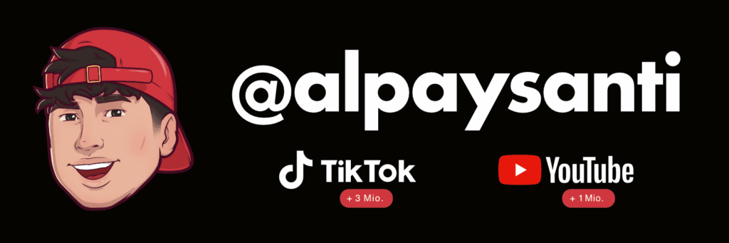 Logo des Content-Creators @alpaysanti mit Cartoon-Gesicht, TikTok- und YouTube-Symbolen sowie Followerzahlen.